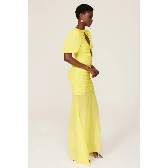 DE LA VALI Yellow Middle Front Cutout Ruching Flowy Sheer Skirt Olympia Gown 14 - Picture 16 of 16